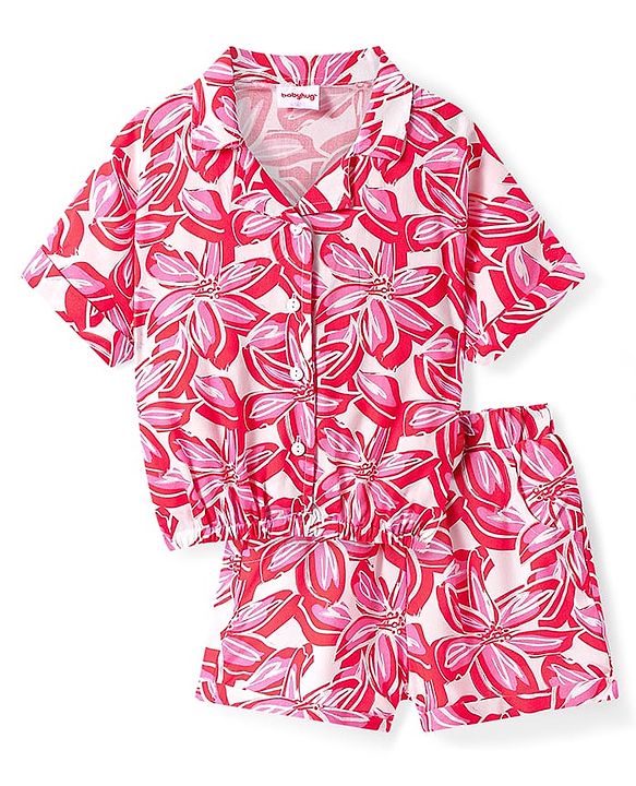 Babyhug Rayon Woven Half Sleeves Shirt Styled Top & Shorts Co-Ord Set With Floral Print - Red & White