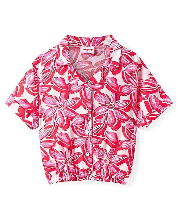 Babyhug Rayon Woven Half Sleeves Shirt Styled Top & Shorts Co-Ord Set With Floral Print - Red & White