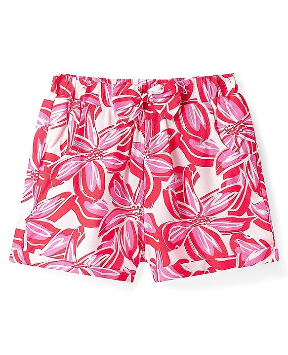 Babyhug Rayon Woven Half Sleeves Shirt Styled Top & Shorts Co-Ord Set With Floral Print - Red & White