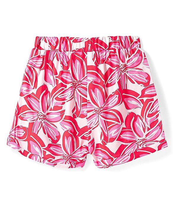 Babyhug Rayon Woven Half Sleeves Shirt Styled Top & Shorts Co-Ord Set With Floral Print - Red & White