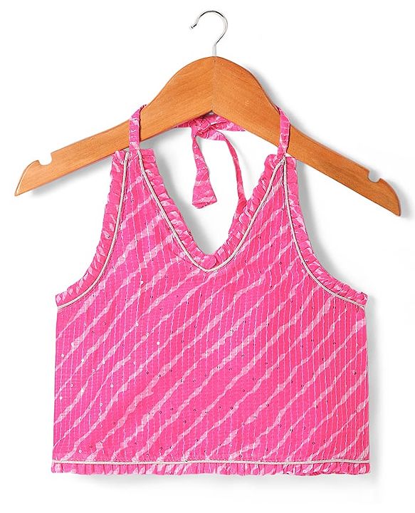 Babyhug Woven Sleeveless Leheriya Printed Lehenga Choli With Dupatta - Dark Pink