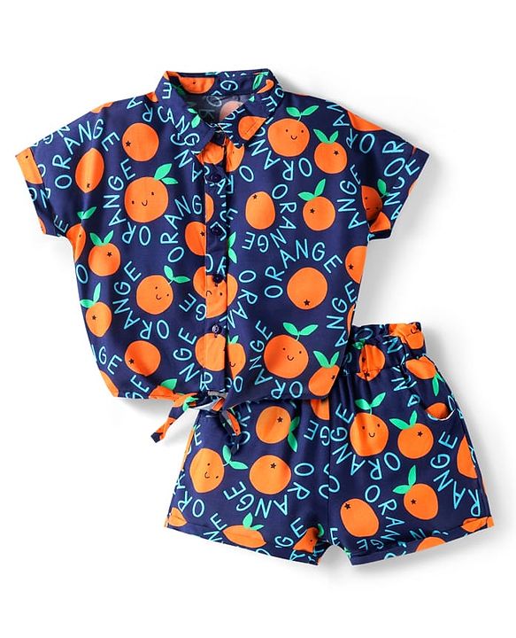 Babyhug Rayon Woven Half Sleeves Co-ords Top & Shorts Set with Orange Print - Navy Blue