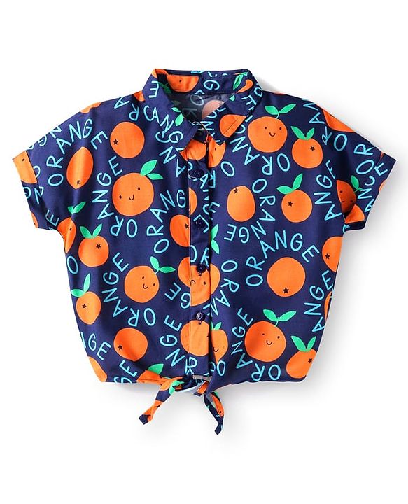Babyhug Rayon Woven Half Sleeves Co-ords Top & Shorts Set with Orange Print - Navy Blue