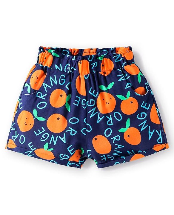 Babyhug Rayon Woven Half Sleeves Co-ords Top & Shorts Set with Orange Print - Navy Blue