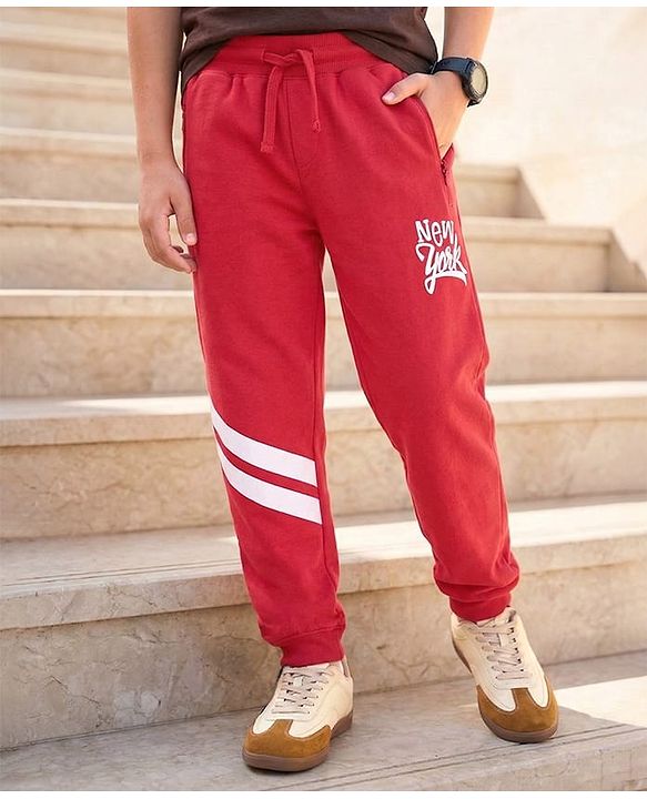 Pine Kids Knit Full Length Lounge Pant With New York Print - Red