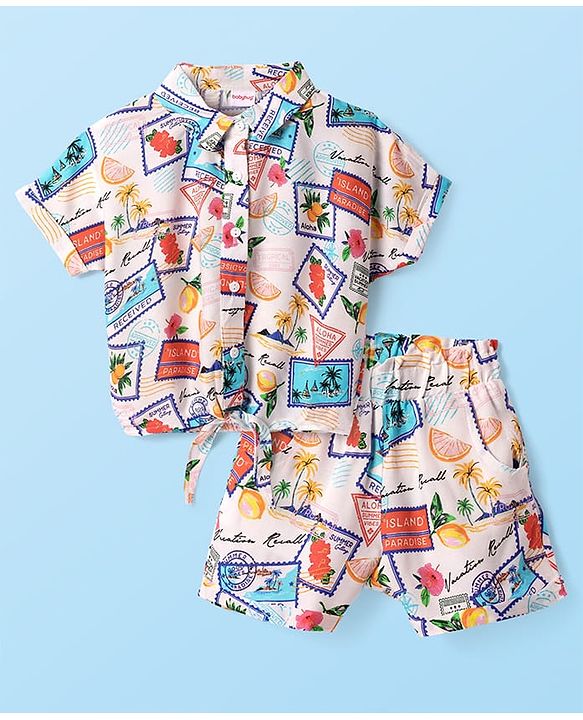 Babyhug Rayon Woven Half Raglan Sleeves Top & Shorts Set with Beach Theme Print - White