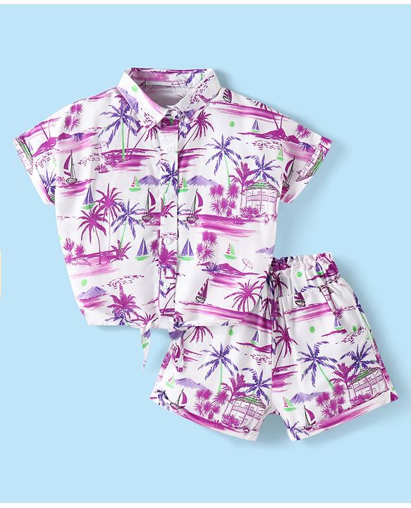 Babyhug 100% Cotton Woven Half Sleeves Co-ords Top & Shorts Set with Beach Theme Print - White