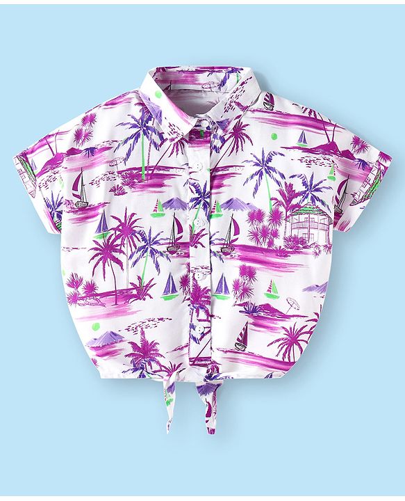 Babyhug 100% Cotton Woven Half Sleeves Co-ords Top & Shorts Set with Beach Theme Print - White
