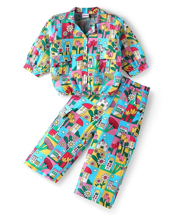 Babyhug Rayon Woven Full Sleeves Co-ords Top & Trouser Set with Floral Print - Multicolor