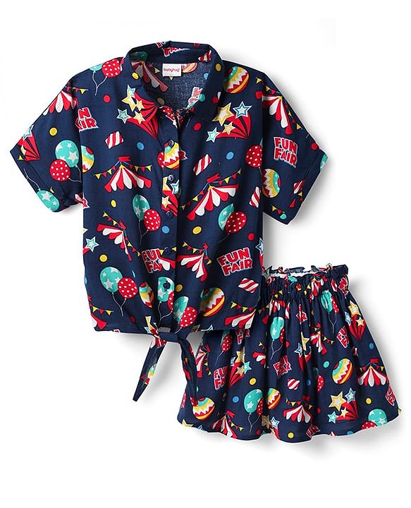 Babyhug Woven Half Sleeves Tops & Skirt Co-Ord with Fun Fair Text Print - Navy Blue