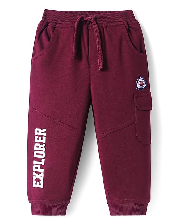 Babyhug Cotton Looper Knit Full Length Lounge Pant with Explorer Print - Maroon