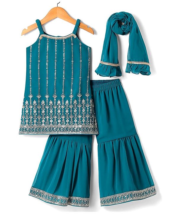 Babyhug Woven Sleeveless Georgette Embroidered Kurti Gharara with Dupatta - Teal Blue