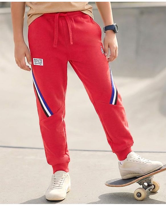 Pine Kids Cotton Knit Full Length Track Pants with Tape Detailing - Red