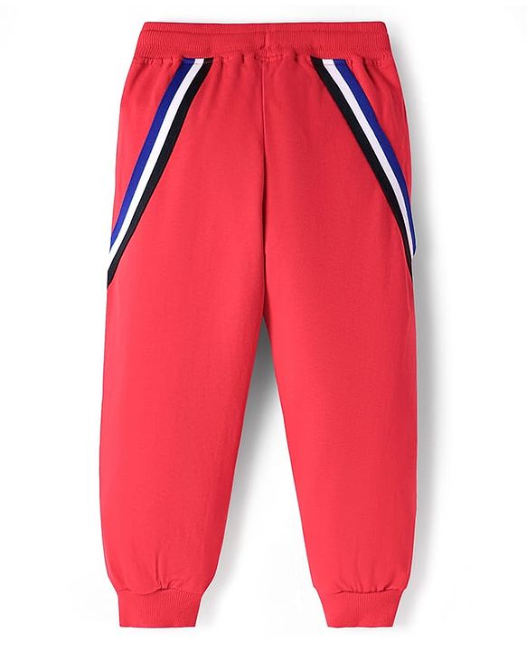 Pine Kids Cotton Knit Full Length Track Pants with Tape Detailing - Red