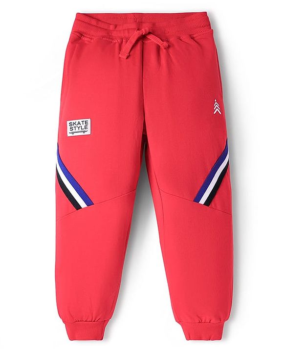 Pine Kids Cotton Knit Full Length Track Pants with Tape Detailing - Red