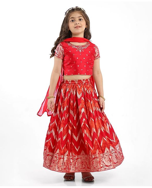 Babyhug Woven Half Sleeves Choli Lehenga Set With Foil Print & Dupatta - Red