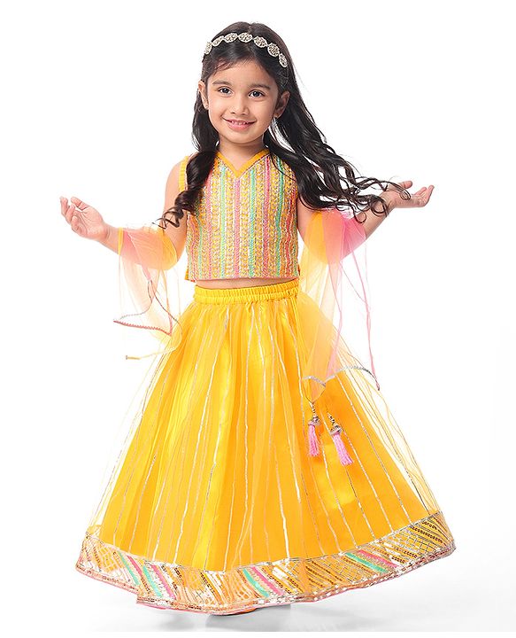 Babyhug Woven Sleeveless Choli Lehenga Set And Dupatta With Net Embroidery & Lace Detailing - Yellow