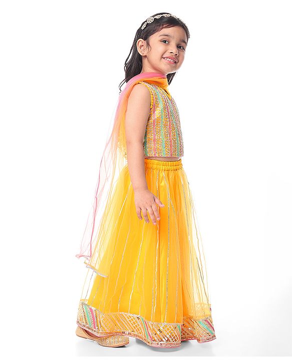 Babyhug Woven Sleeveless Choli Lehenga Set And Dupatta With Net Embroidery & Lace Detailing - Yellow