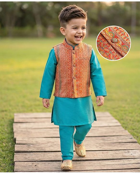 Babyhug Woven Full Length Foil Printed Kurta Pyjama Set With Brocade Jacket - Teal Blue