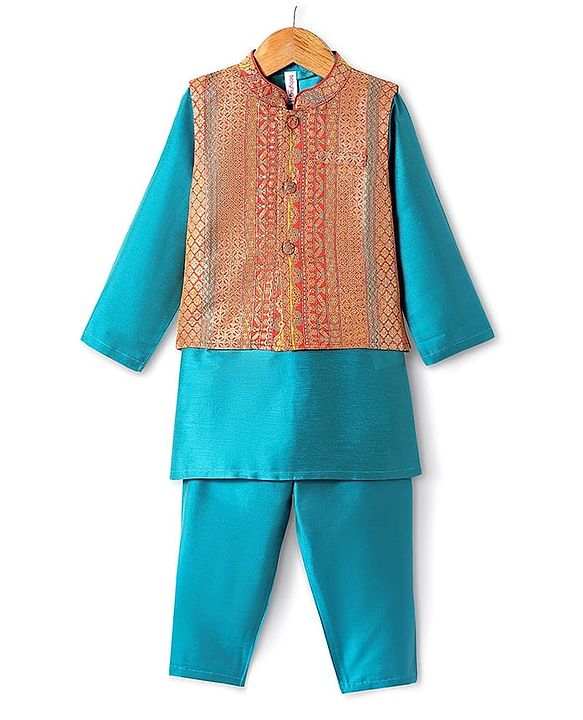 Babyhug Woven Full Length Foil Printed Kurta Pyjama Set With Brocade Jacket - Teal Blue