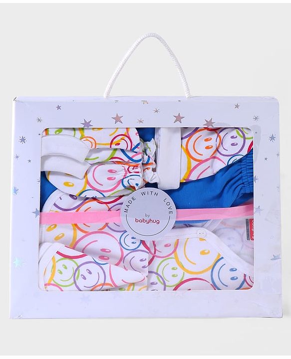 Babyhug 100 % Cotton Baby Gift Sets Pack of 7 - Blue & White
