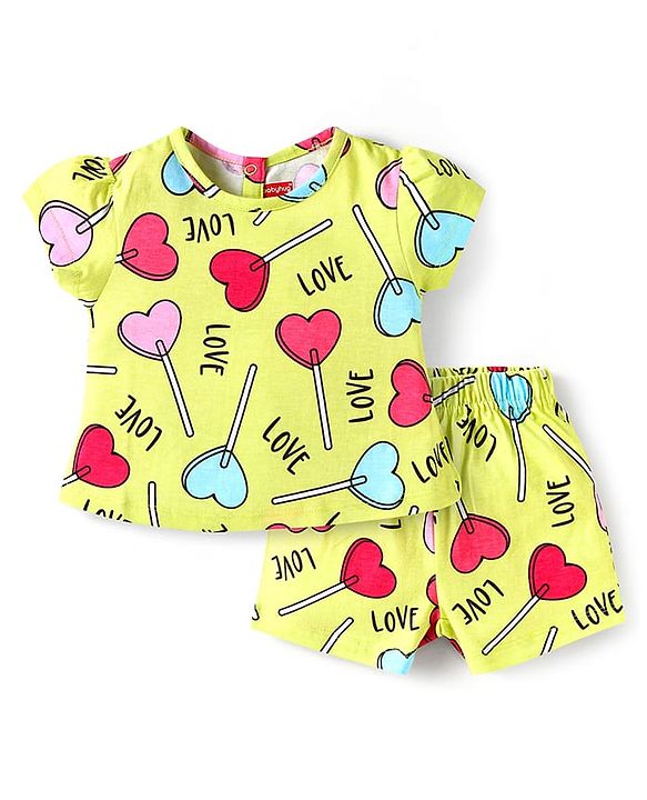 Babyhug Cotton Knit Half Sleeves Co-ords Shorts Night Suit with Hearts Print - Yellow