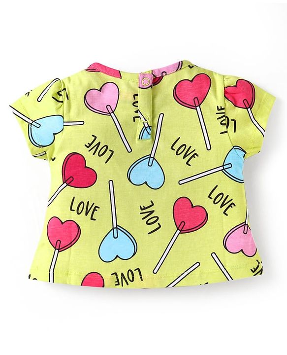 Babyhug Cotton Knit Half Sleeves Co-ords Shorts Night Suit with Hearts Print - Yellow