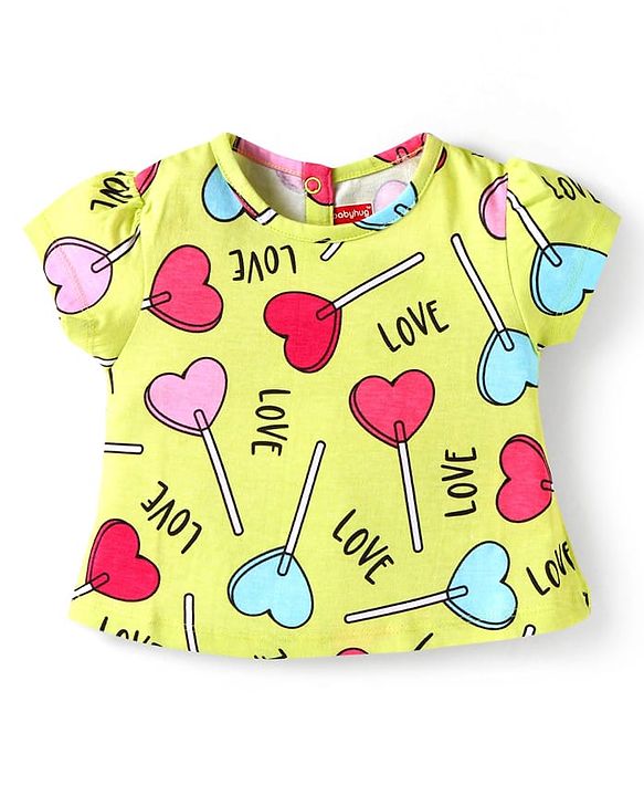 Babyhug Cotton Knit Half Sleeves Co-ords Shorts Night Suit with Hearts Print - Yellow