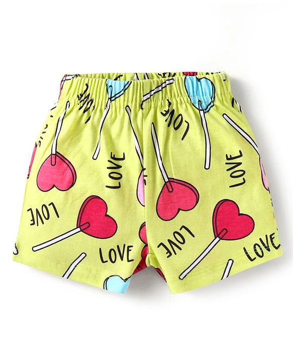 Babyhug Cotton Knit Half Sleeves Co-ords Shorts Night Suit with Hearts Print - Yellow