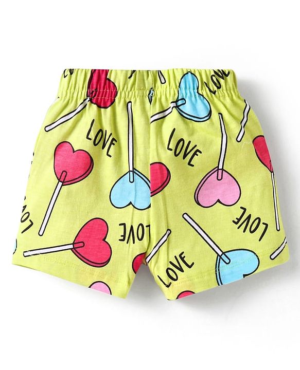 Babyhug Cotton Knit Half Sleeves Co-ords Shorts Night Suit with Hearts Print - Yellow
