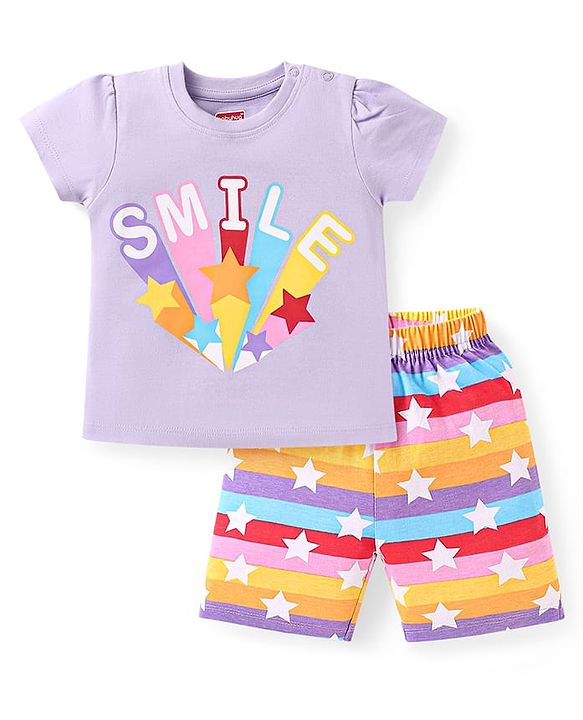 Babyhug Cotton Knit Half Sleeves Capri Night Suit with Smile Text Print - Lilac
