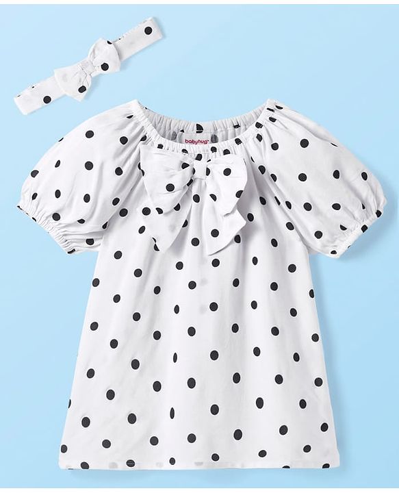 Babyhug Rayon Woven Half Puffed Sleeves Top with Polka Dots Print Bow Applique & Headband - White