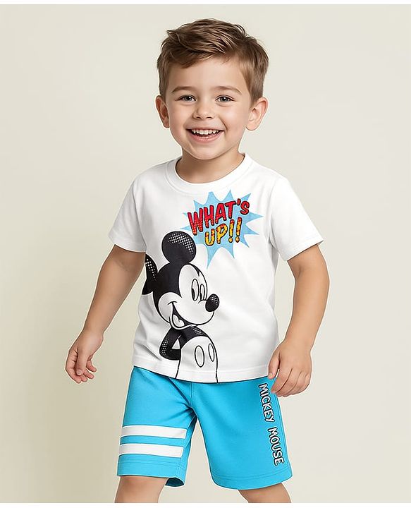 Babyhug Disney Single Jersey Knit Half Sleeves Shorts Night Suit With Mickey Mouse Graphic - White & Light Blue