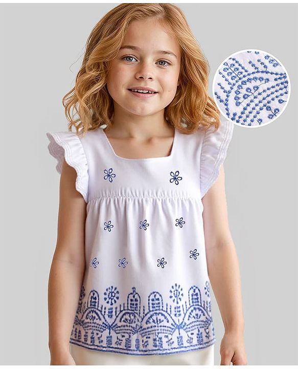 Babyhug Cotton Woven Frill Sleeves Top with Floral Embroidery - White