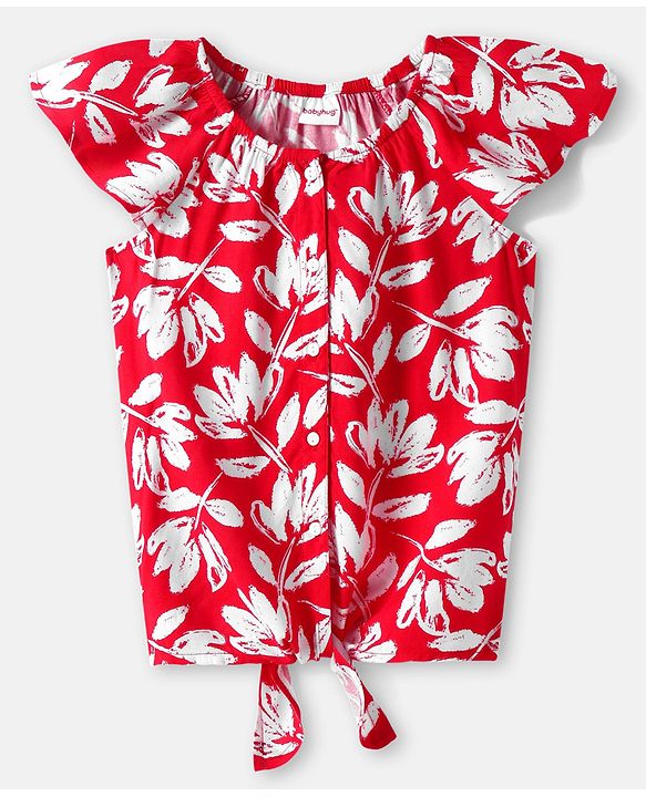 Babyhug Rayon Woven Cap Sleeves Front Open Top With Floral Print & Knot Detailing - Red