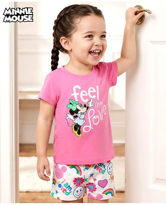 Babyhug Disney Single Jersey Knit Half Sleeves Shorts Night Suit with Minnie Mouse Graphics - Pink