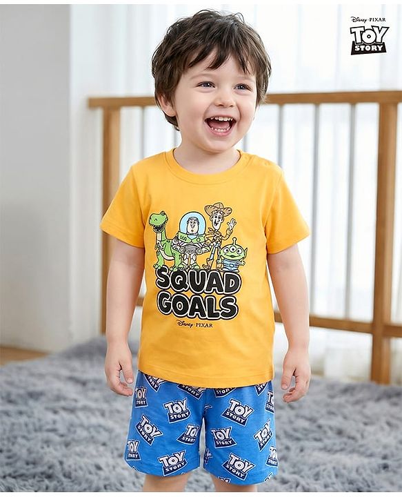 Babyhug Disney Single Jersey Knit Half Sleeves Shorts Nightsuit With Toy Story Graphic -Orange & Blue