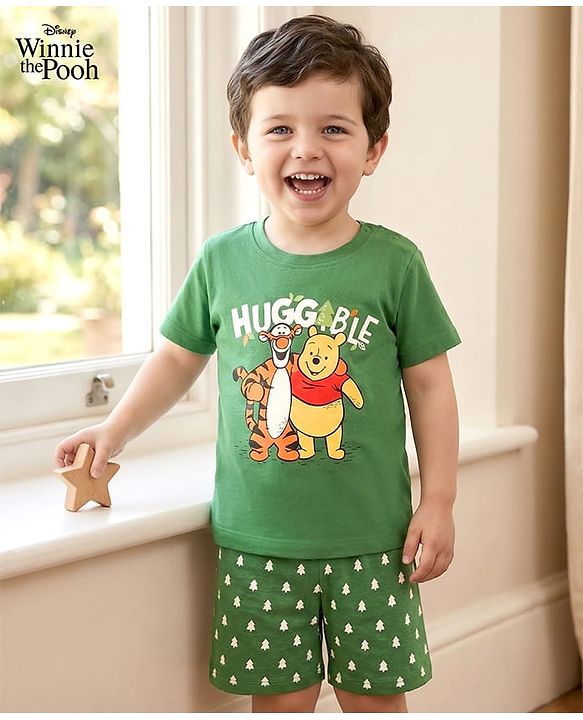 Babyhug Disney Single Jersey Knit Half Sleeves Shorts Night Suit With Winnie & Friends Graphic - Dark Green