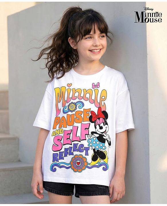 Pine Kids Disney Terry Knit Half Sleeves Oversize Drop Shoulder T-Shirt With Minnie Mouse Graphics - White