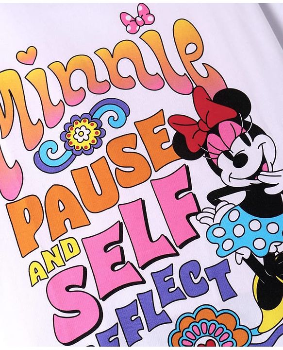Pine Kids Disney Terry Knit Half Sleeves Oversize Drop Shoulder T-Shirt With Minnie Mouse Graphics - White