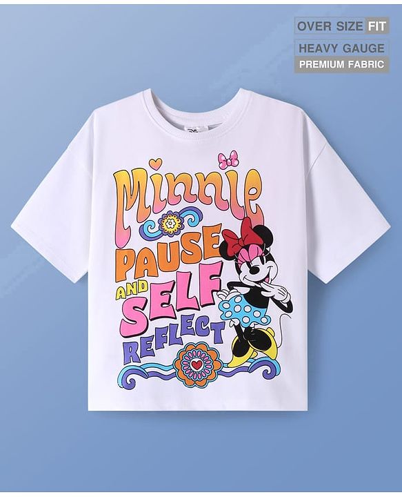 Pine Kids Disney Terry Knit Half Sleeves Oversize Drop Shoulder T-Shirt With Minnie Mouse Graphics - White