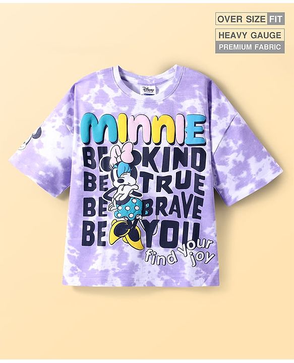 Pine Kids Disney Terry Knit Half Sleeves Oversized Drop Shoulder Tie And Dye T-Shirt With Minnie Mouse Graphics -  Purple