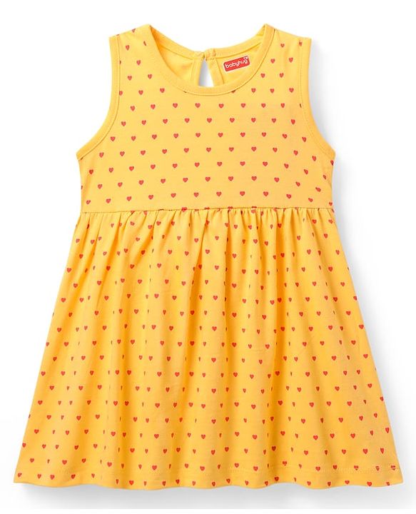 Babyhug Single Jersey Knit Sleeveless Frock With Polka Dot Print - Yellow