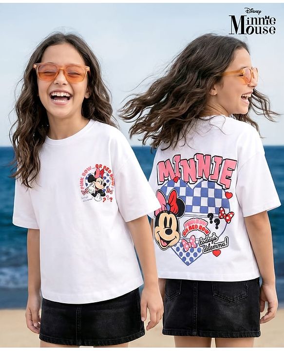 Pine Kids Disney Terry Knit Half Sleeves Oversized Drop Shoulder T-Shirt With Minnie Mouse Front And Back Graphics - White