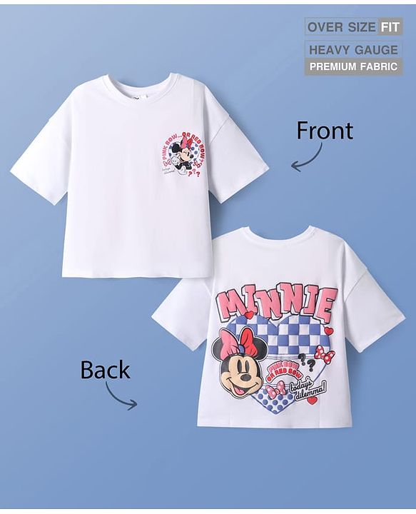 Pine Kids Disney Terry Knit Half Sleeves Oversized Drop Shoulder T-Shirt With Minnie Mouse Front And Back Graphics - White
