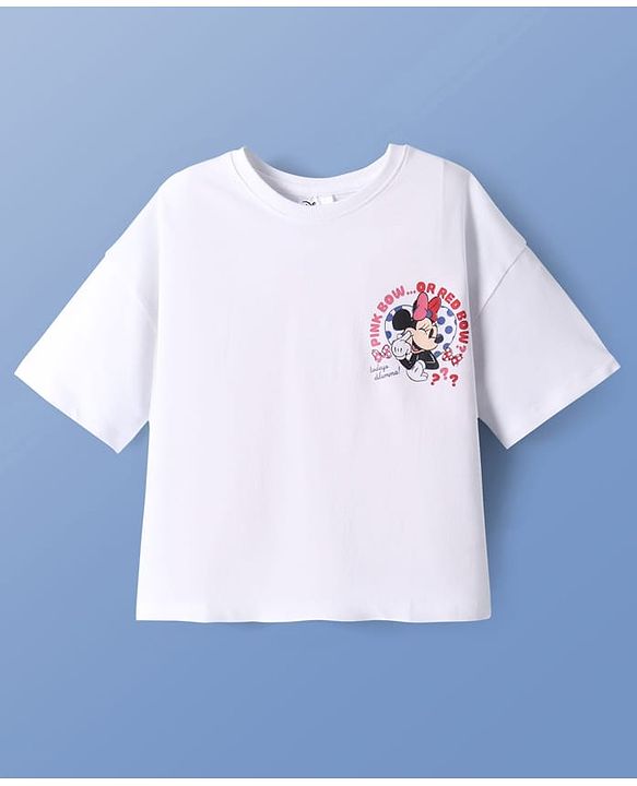 Pine Kids Disney Terry Knit Half Sleeves Oversized Drop Shoulder T-Shirt With Minnie Mouse Front And Back Graphics - White