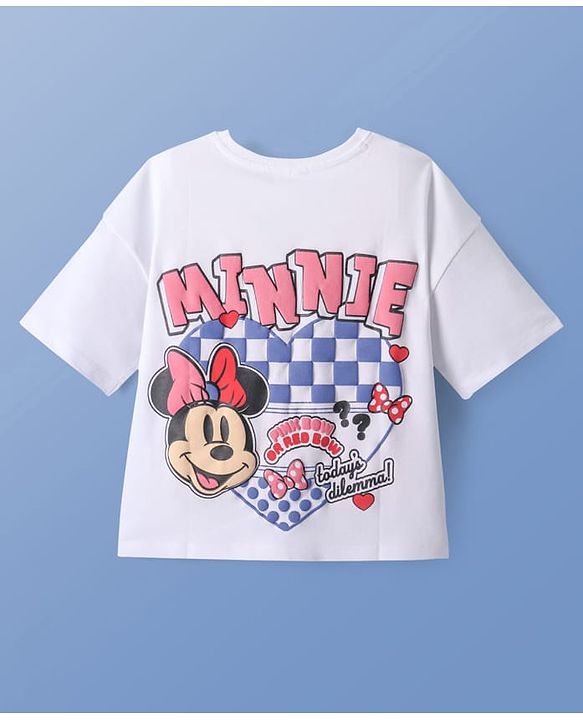 Pine Kids Disney Terry Knit Half Sleeves Oversized Drop Shoulder T-Shirt With Minnie Mouse Front And Back Graphics - White