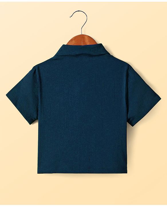 Pine Kids Woven Half Sleeves Solid Color Shirt Style Top with Inner Slip - Navy Blue