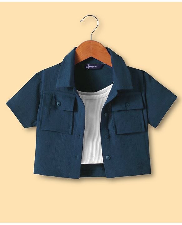 Pine Kids Woven Half Sleeves Solid Color Shirt Style Top with Inner Slip - Navy Blue