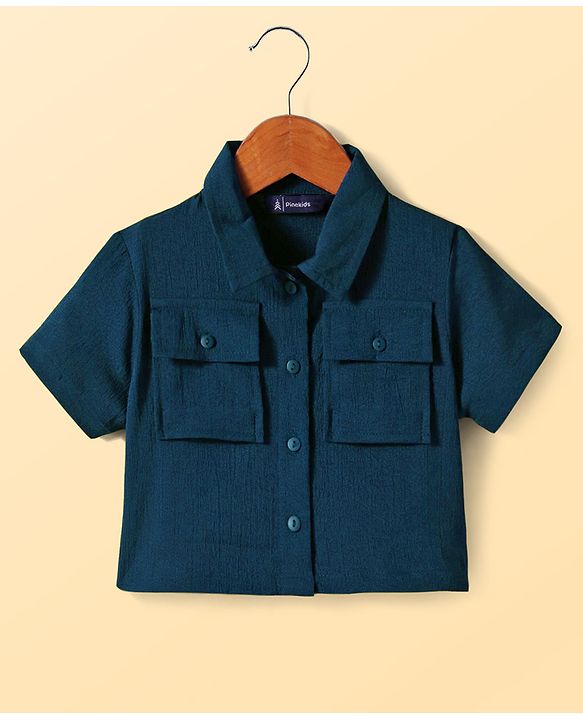 Pine Kids Woven Half Sleeves Solid Color Shirt Style Top with Inner Slip - Navy Blue